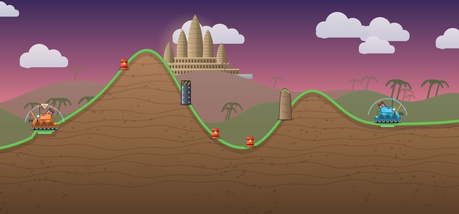 Hills at sunset with the towers of Angkor Wat behind.