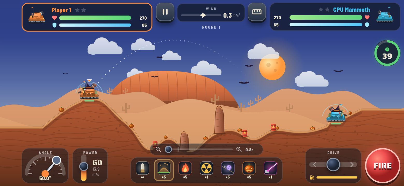 A Tank Hill battle: two tanks on desert hills, the aiming arc, wind gauge, turn timer and the weapon bar.