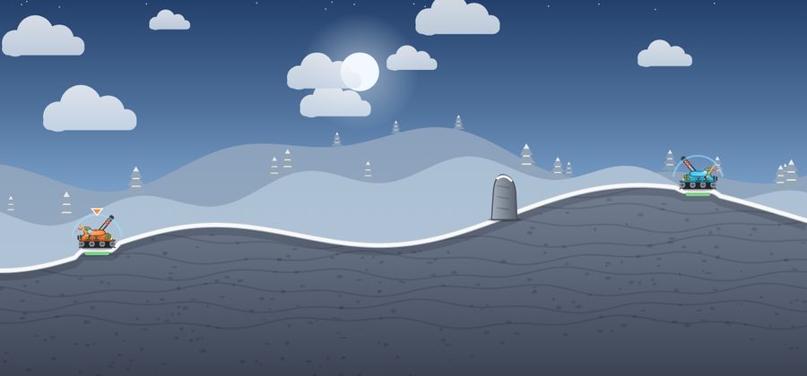 Snowy hills under a night sky with a full moon.