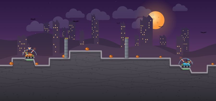 A dark city skyline under an orange moon with bats and pumpkins.